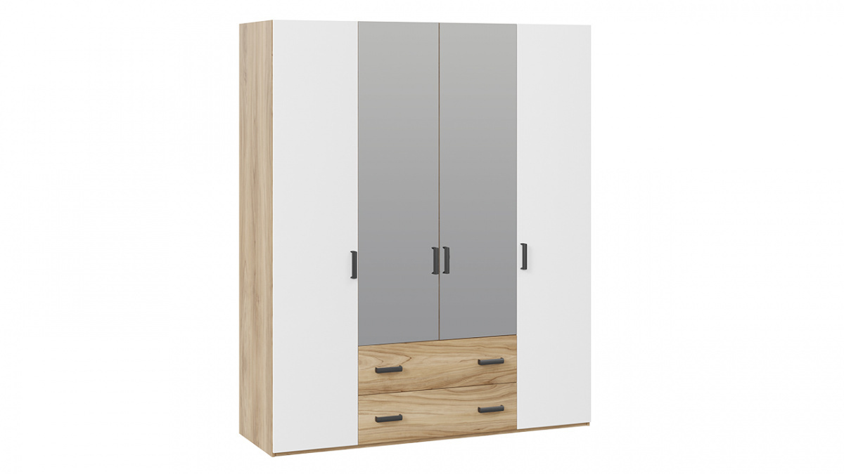 Шкаф комбинированный с ящиками с 2 глухими и 2 зеркальными дверями «Рико» Яблоня Беллуно/Белый глянец