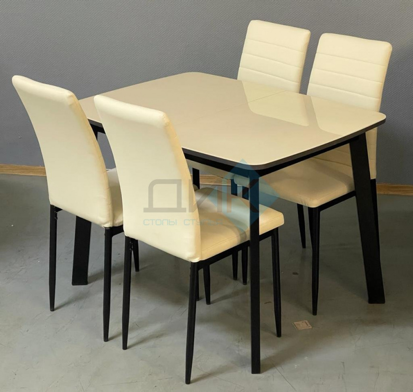 Стол UNIS 12 (стекло крем/опоры черные) со стульями ТЕКС черный каркас, к/з крем