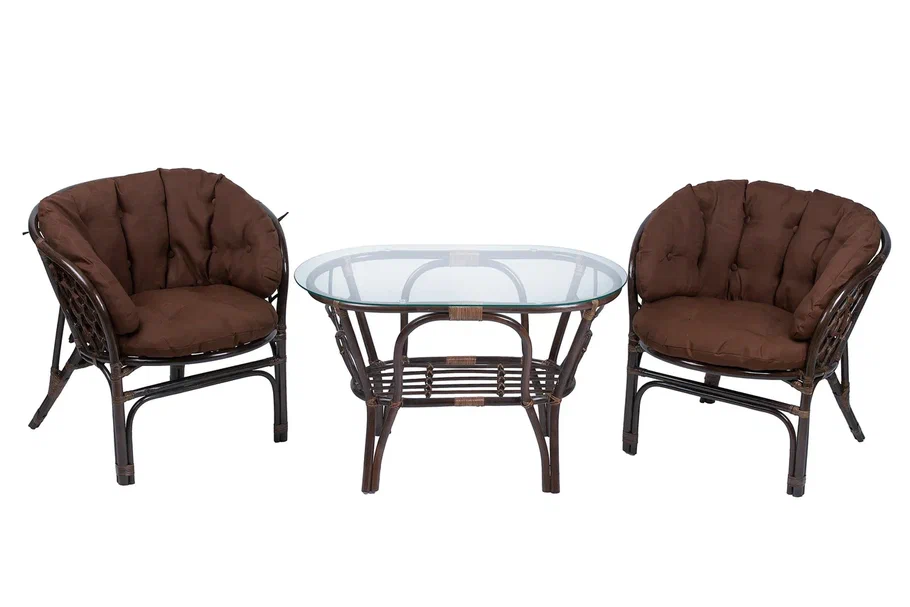Багама дуэт цвет темно-коричневый с коричневыми ушастыми подушками и овальным столом.
