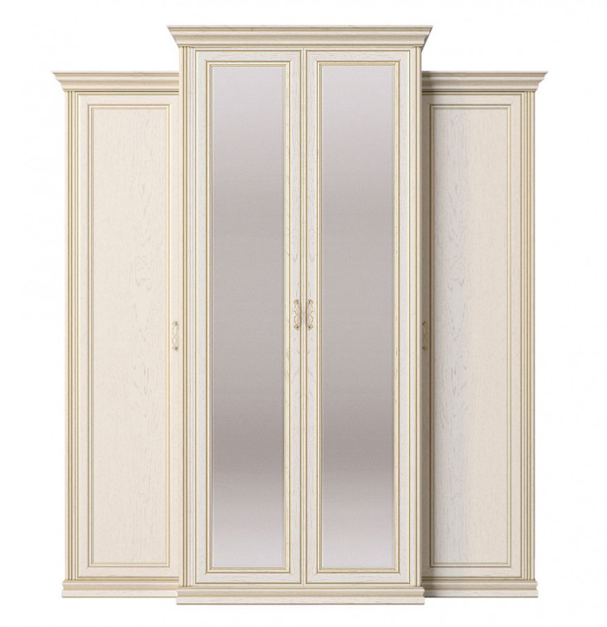 Шкаф Венето 4-х дверный с пеналами СП.0115.407 с зеркалом «дуб леонардо» (патина «золото»)